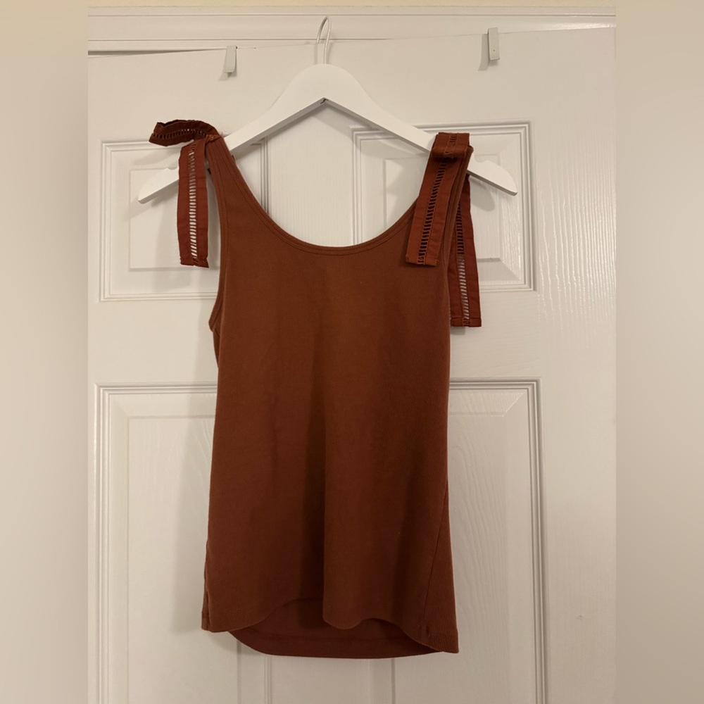 LOFT Rust Poplin Ribbed Tie Shoulder Mixed Media Tank Top